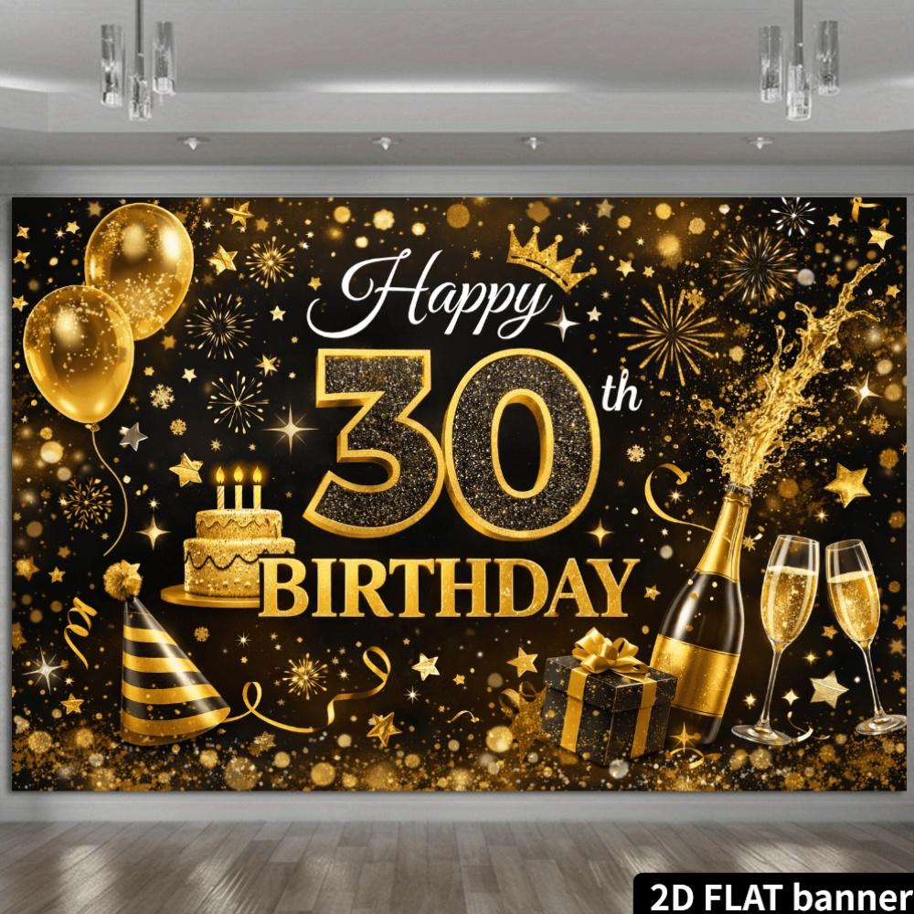 A black and gold themed background wall for a 30th birthday, made of polyester fiber material, featuring shiny golden nu