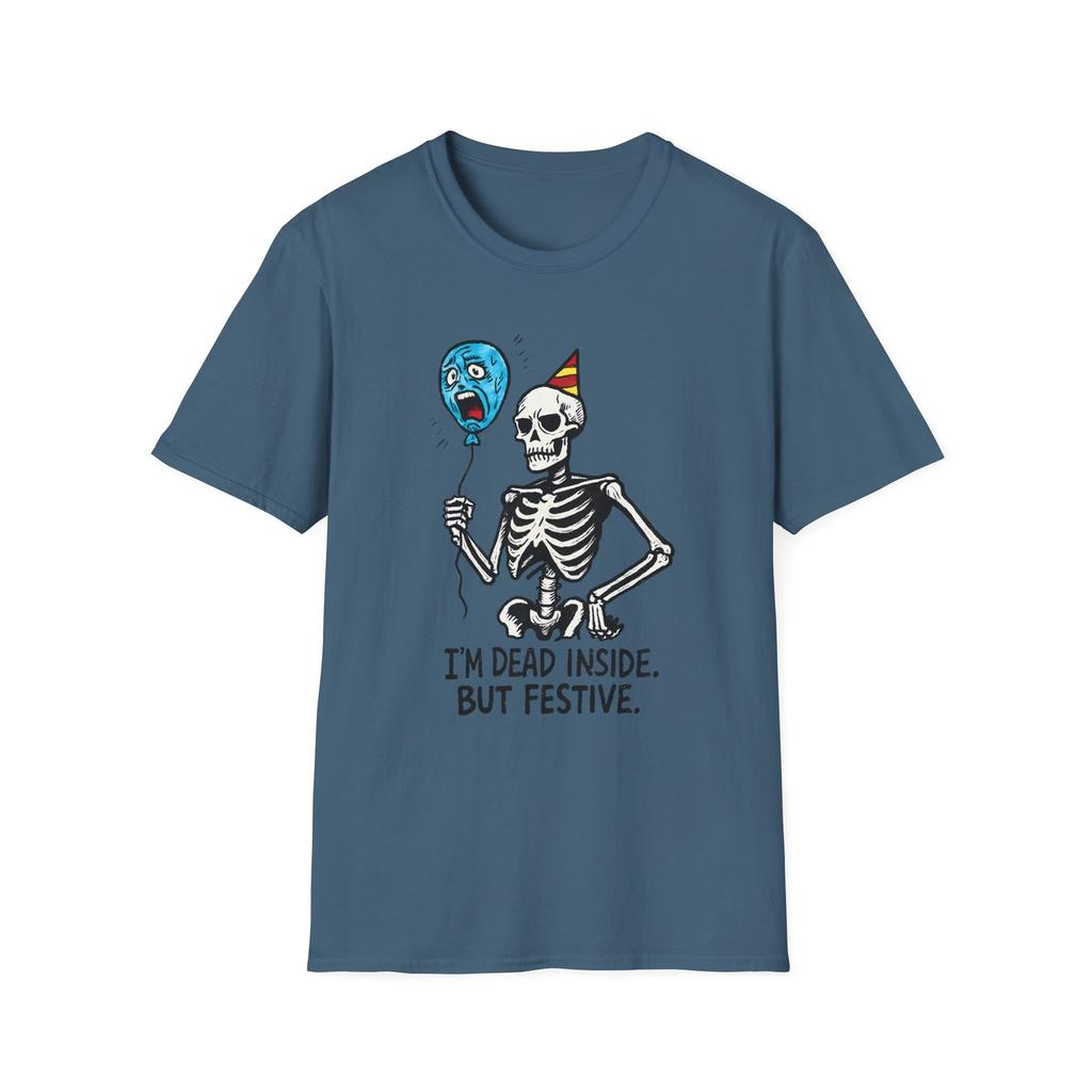 Unisex Softstyle T-Shirt Cocky Skeleton Party Hat Balloon Halloween Humor Fall