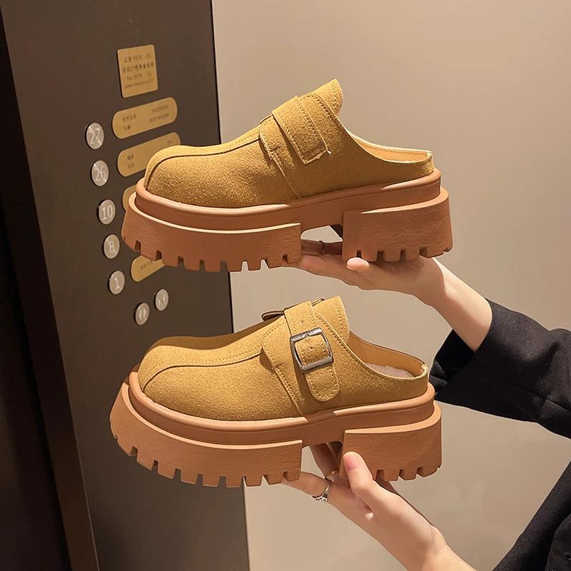 Замшевые туфли на толстой платформе женские мюли модные туфли на высоком каблуке 2025 тренд зима новый бренд пряжка повседневные женские туфли
