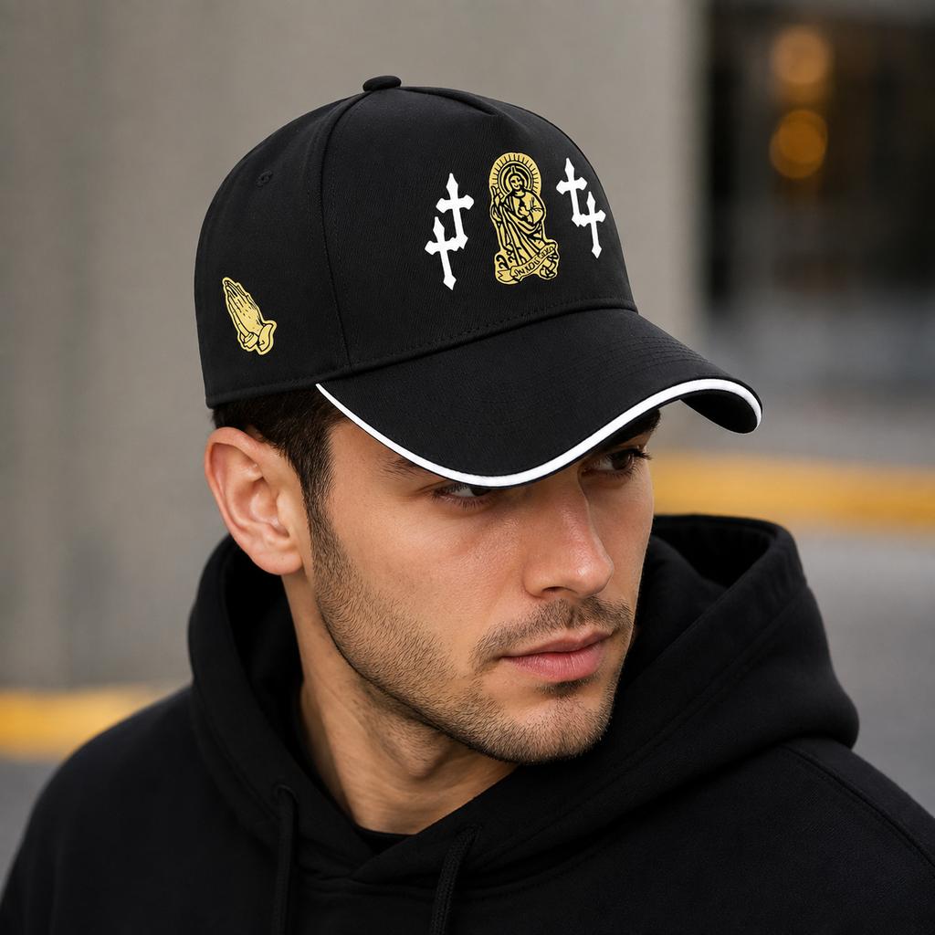 Cross And Prayer Hands Fashion Trendy Baseball Cap, Unisex Outdoor Sports Adjustable Trucker Cap, Lightweight Comfortable Casual Dad Hat