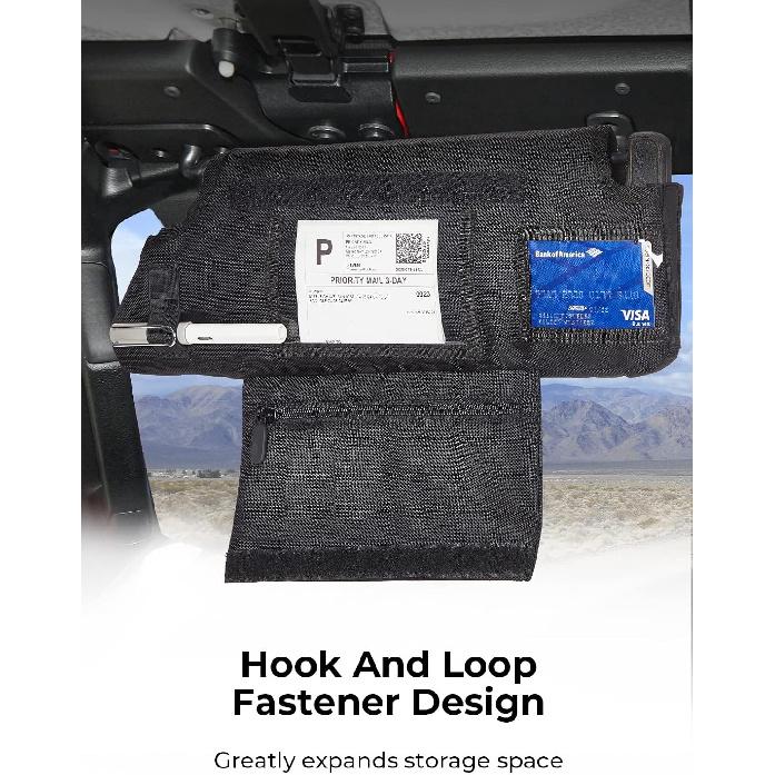 Upgraded Sun Visor Organizer Compatible With Wrangler JK 2007-2009, Multi-Pocket Net Zipper Visor Storage Cover, Molle Webbing Holder Pouch