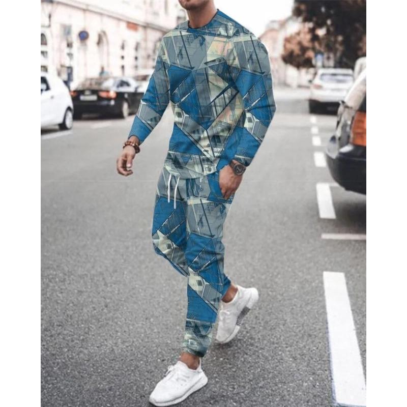 Men's New 2-piece Sports Shirt 3D Printing Long Sleeved Pants T-shirt Set Fashion Casual Street Wear Men's 2-piece Set