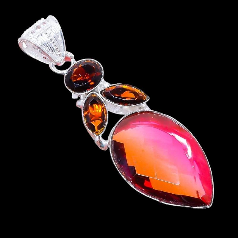 Bi-Color Tourmaline, Smokey Gemstone 925 Sterling Silver Jewelry Pendant 2.5" AH-3254
