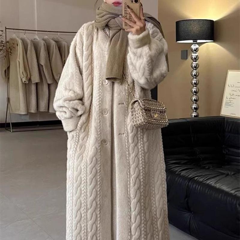 Women Cardigan Thickened Long Autumn Winter V Neck Thin Jacket Female Loose Simple Buttons Casual Fur Coat