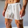 Men Drawstring Elastic Waist Striped Mesh Hollow Patchwork Shorts Pajamas