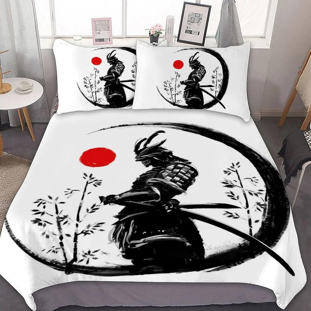 Samurai Duvet Cover Set Sunset Japanese Samurai Quilt Cover Scenery Silhouette Comforter Cover King Size 23pcs Twin Bedding Set