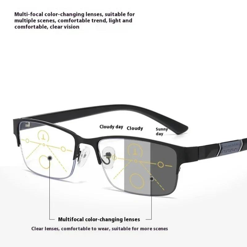 High Quality Men Business Presbyopia Photochromic Multifocal Eyewear Metal Frame Far Sighted Eyeglasses with Sunshades Smart Reading Glasses