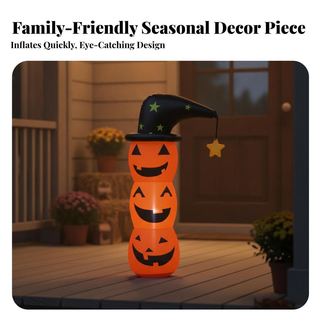 Inflatable Pumpkin with Witch Hat Spooky Stacked Jack-O'-Lantern Eye-Catching