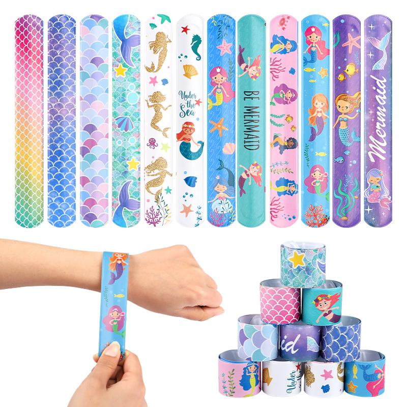 12pcs Mermaid Slap Bracelets Girls Little Mermaid Birthday Party Favors Gift for Guest Kids Classroom Prize Goodie Bag Filler