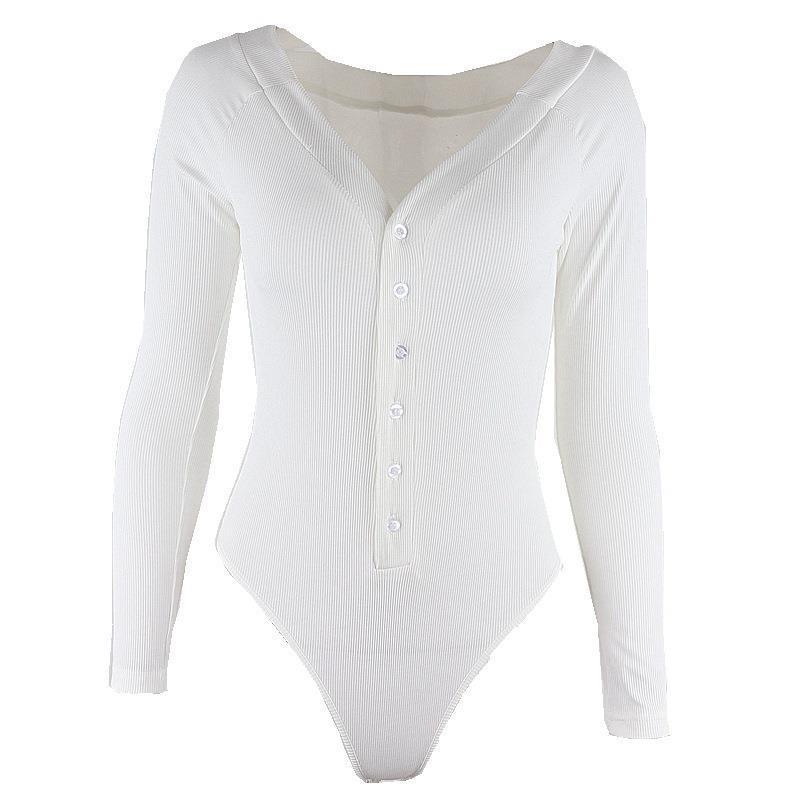 European and American Long Sleeved Buttoned Inner V-neck Sexy Slim Fit Jumpsuit