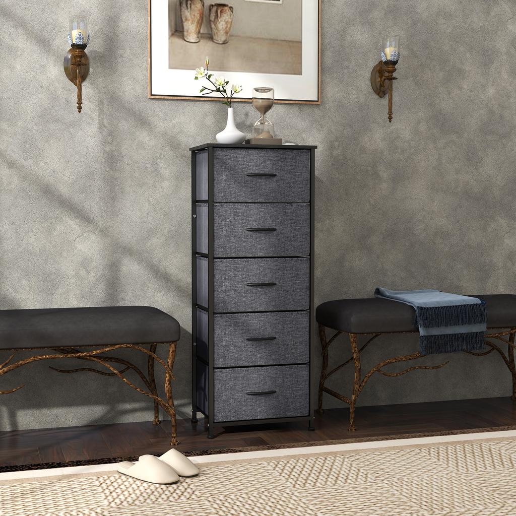 5-Drawer Dresser Storage Furniture Foldable Fabric Drawer - Black Steel Frame - 45 x 30 x 116 cm Dark Grey
