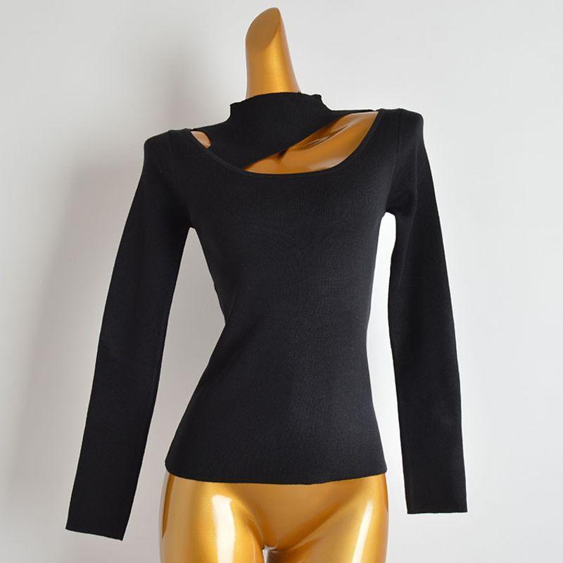 French Sexy Halter Cut-out Expose Clavicle Pullover Long Sleeves Bottoming Shirt for Women Silm Slim Looking All-Matching Sweater Tops