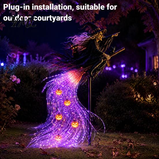 Garden Lawn Stake Decor Solar Halloween Witch Light, Waterproof Metal Flying Broomstick Fiber Optic Yard Lighting Pathway Light with Waterfall LED for