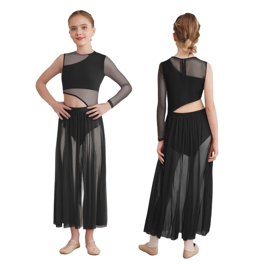 Современное лирическое танцевальное платье для девочек с вырезами по бокам, пэчворком, разрезом и асимметричным дизайном из прозрачной сетки