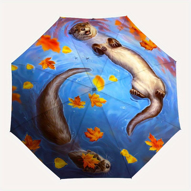 Otter, Autumn Leaves Theme 8 Bone Hand Automatic Folding Umbrella, Compact and Portable Design, A Perfect Gift for Birthday, Christmas or Bu