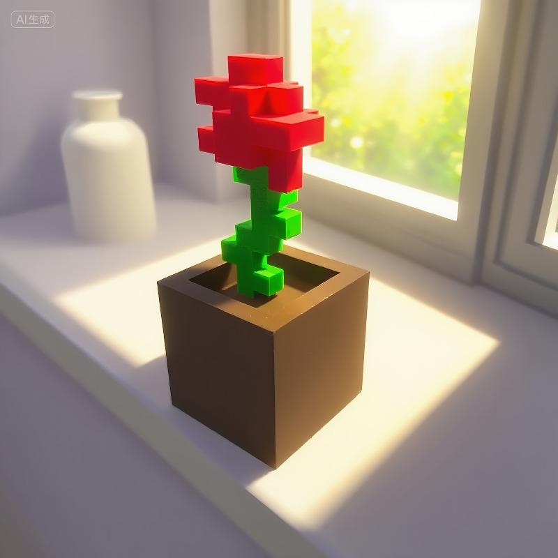 3D Printed Pixel Rose Ornament, Plastic Flower Decor for Desktop & Holiday Gifts