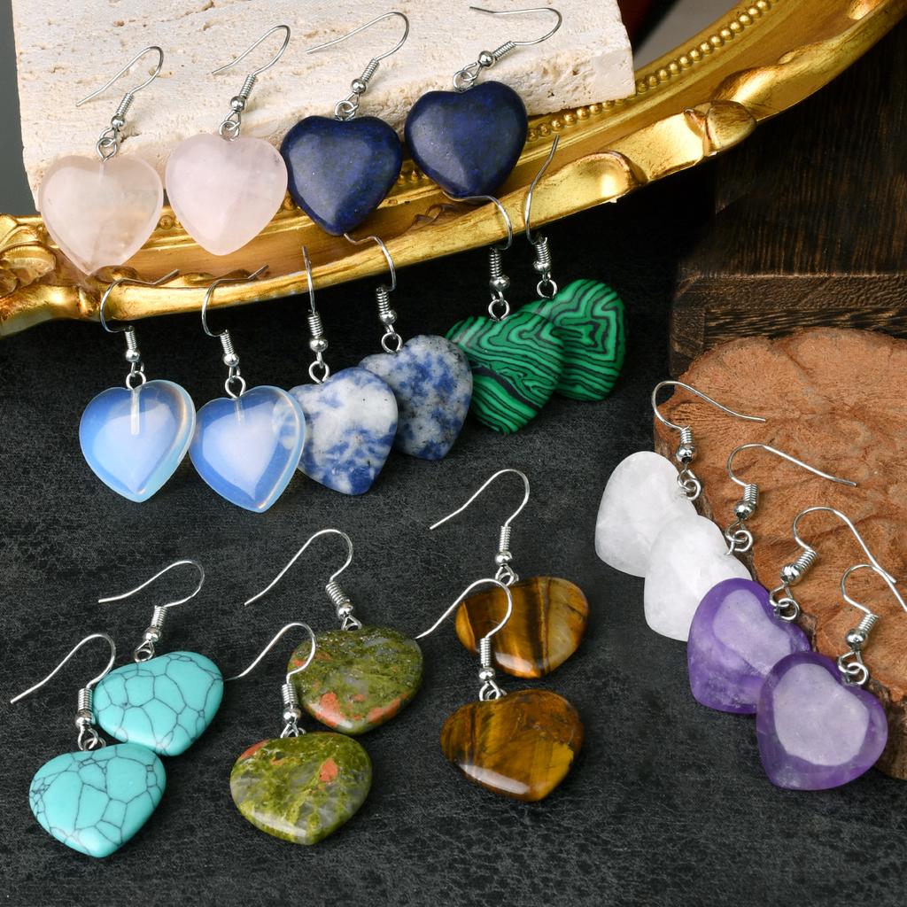 Bohemian Natural StoneTurquoise Amethyst Tiger Eye Heart Dangle Earrings Women's Popular Delicate Handmade Zircon