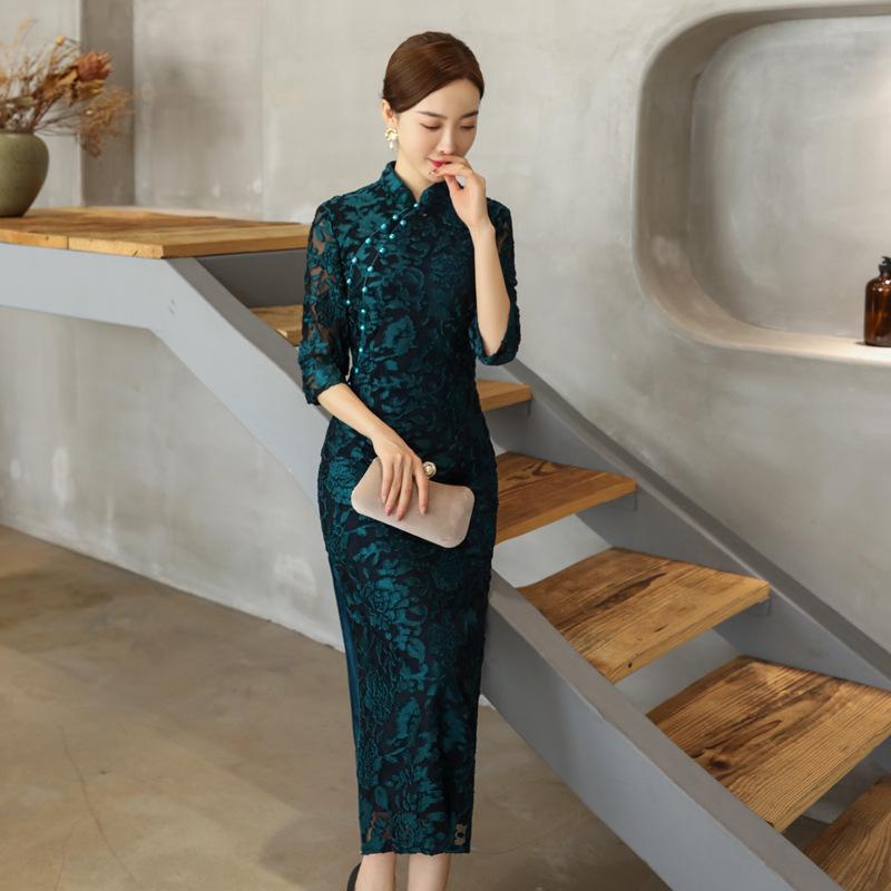 1011 new cheongsam retro elegant long slim dress high slit wrinkled lace edge performance clothing