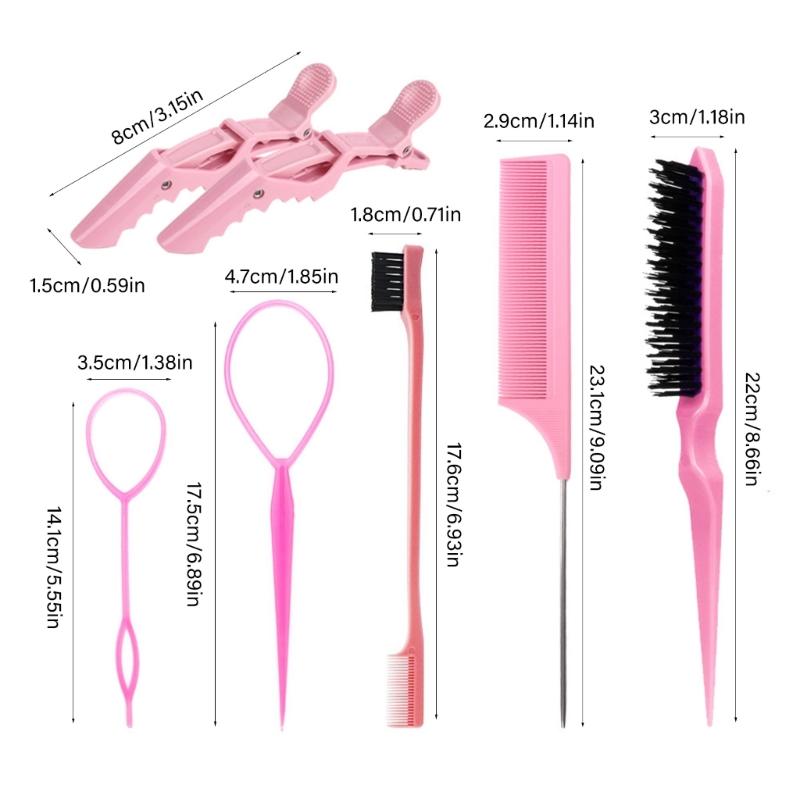 6Pcs Hair Brush Set Bristles Hair Brush Edge Controls Brush Tail Comb with Duckbill Clips Rubber Band for Women Girls