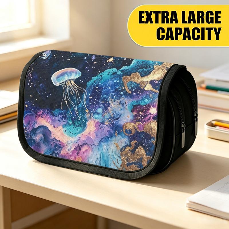 Double Layer Large Pencil Case, Vibrant Printed Pencil Pouch with Galaxy Jellyfish Night Design, Fashion Storage Bag, Portable Pencil Case with Zipper