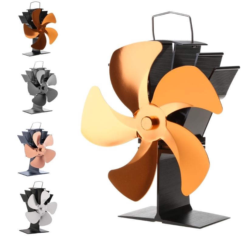 5 Blades Efficient Wood Stove Fan Wood-burning Real Fire Fireplace Fan for Pellet Wood Log Burning Stove Home Black