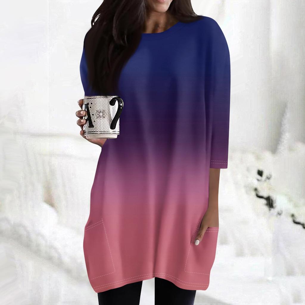 Women's Fashion Casual 3/4 Sleeve Print Round Neck Double Pocket T-Shirt Top