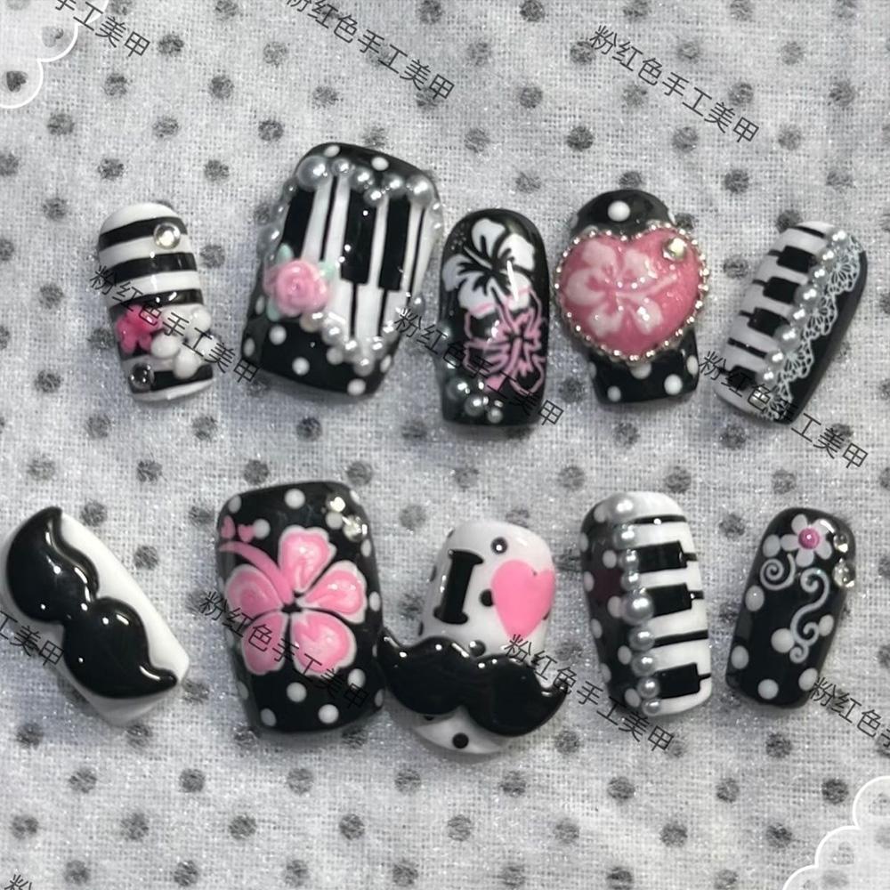 Y2K Retro Pearl Bear 3D Wing Bow Short Press On Nails Fake Nail Tips Party Birthday Gift Accessories