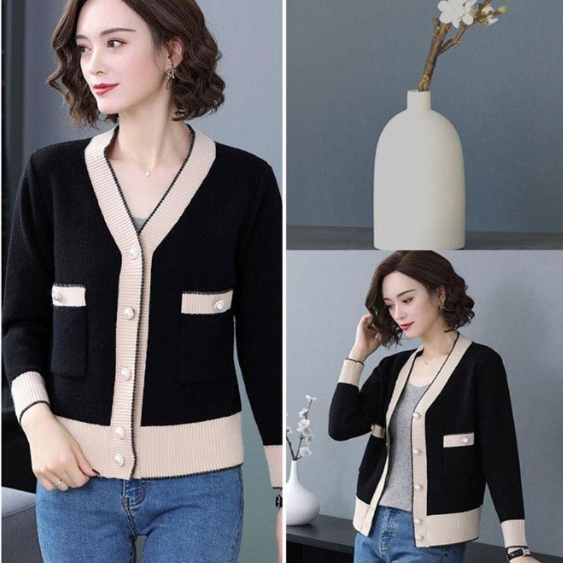 Spring and Autumn Women's Knitted Cardigan Sweater Short Long Sleeve Color-blocked Knit Sweater Jacket Knitted Top Outwear