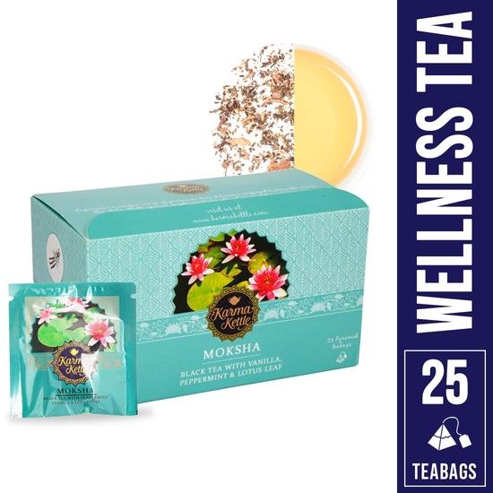 Karma Kettle Мята перечная, ваниль, лист лотоса, натуральный детокс, снятие стресса, ароматерапия Черный чай Мокша, 25 пакетиков-пирамидок, 50 г
