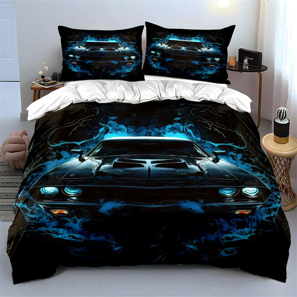 "Retro Blue Flame Muscle Car" Bedding Duvet Cover Set  (1*Duvet Cover 2*Pillowcases, without duvet insert)