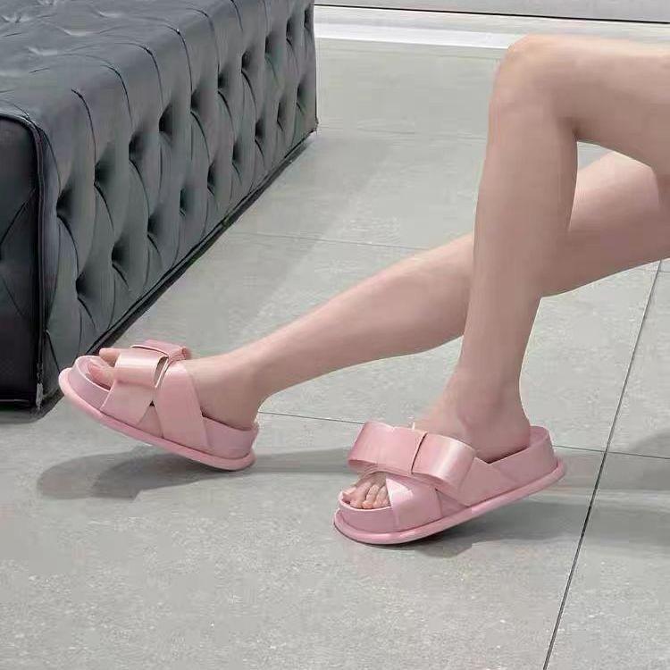 Fairy Style Bow Thick-soled Slippers Women's Outer Wear 2025 New Fashionable Versatile Soft Bottom Heightening One-word Sandals