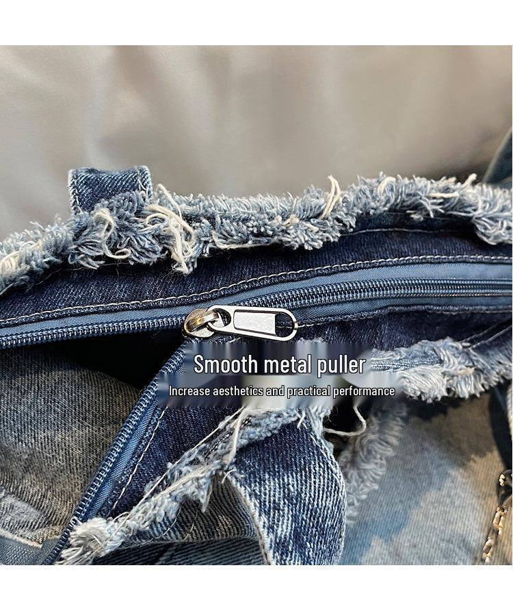 Нишевая джинсовая сумка-тоут с необработанным краем 2025, женская сумка через плечо большой вместимости для поездок на работу с модным шелковым платком