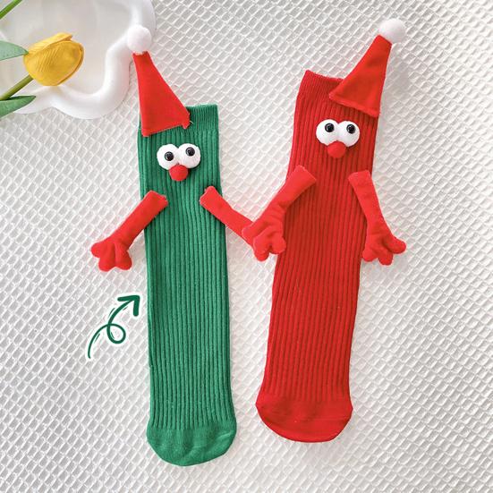 1 Pair Christmas Couple Socks Cartoon Shape Magnetic Hand-linking Festive Mid-tube Thick Warm Anti-slip