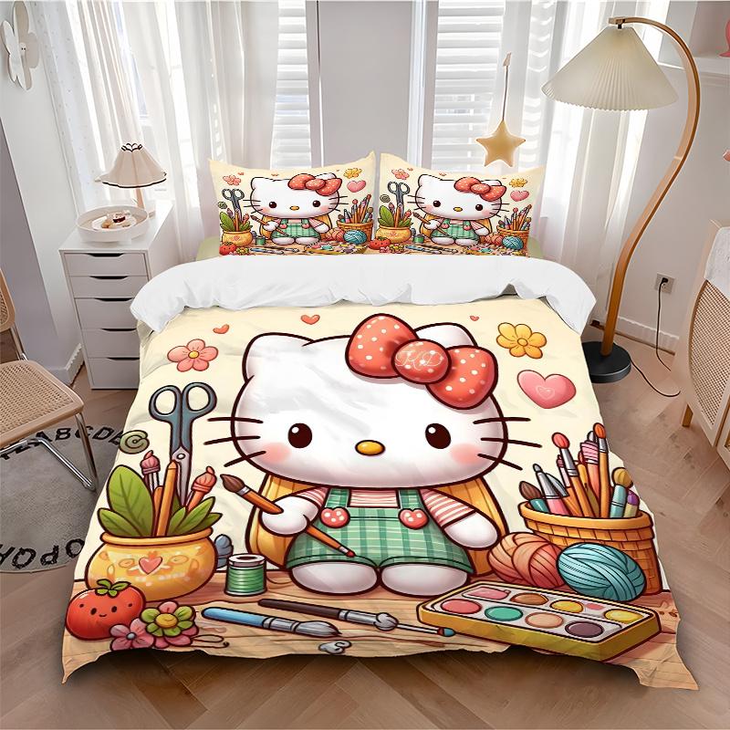 3pcs Hello Kitty's Artistic Haven Quilt Set - Soft and Comfortable Bedroom, Guest Room and Dorm Decor Bedding Set 1 Quilt Cover + 2 Pillowca