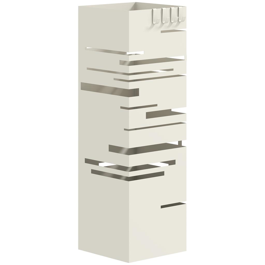 Square Metal Umbrella Stand with Removable Drip Tray and 4 Hooks, 15.5x15.5x49 cm, Beige
