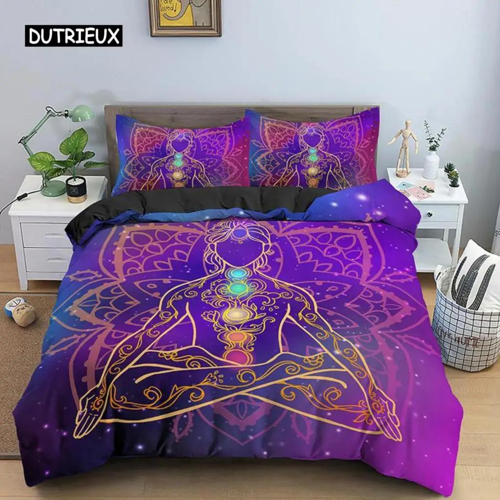 Пододеяльник для йоги King Queen Chakra Meditation Комплект постельного белья Blue Mandala Boho Hippie Style с Chakra Art Полиэстеровый пододеяльник