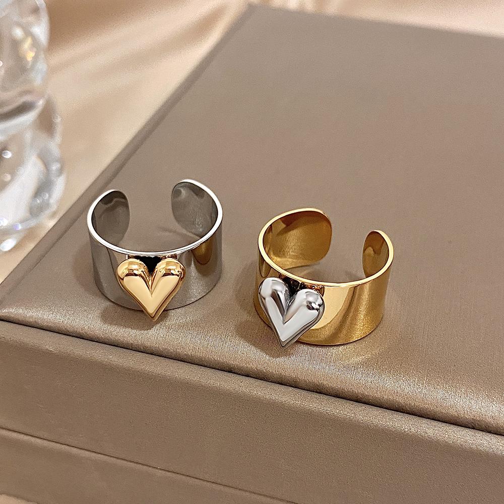Flashbuy Stainless Steel Rings for Women Gold Copper Color Love Heart Open Ring Statement Fashion Zircon Gift