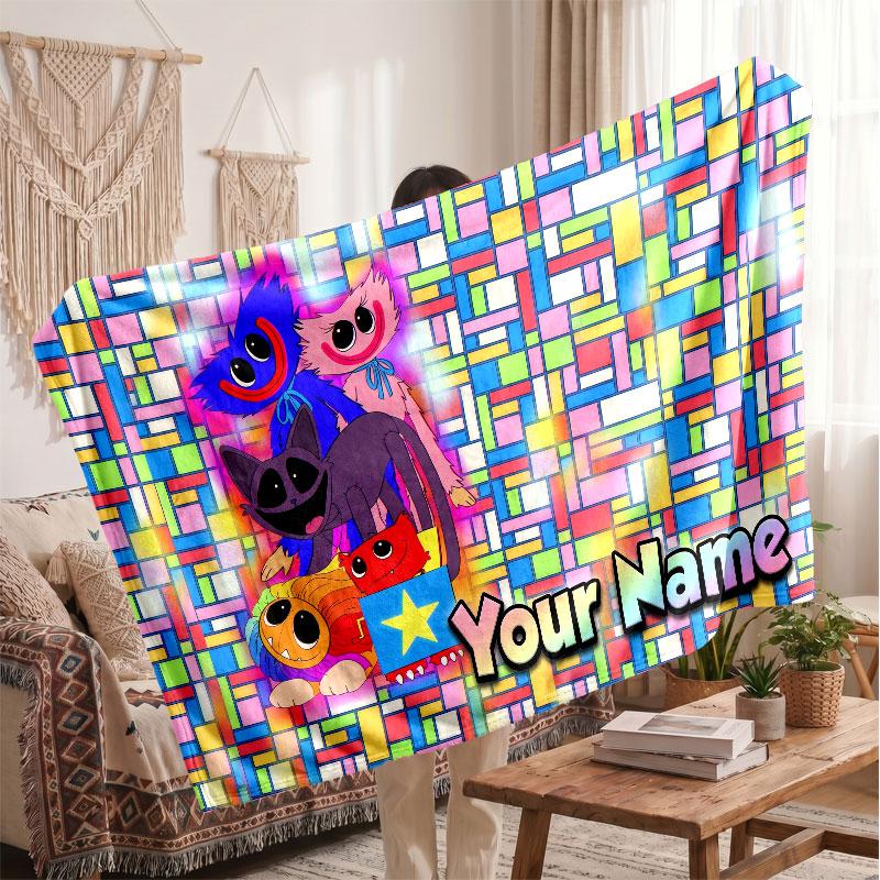 Poppy Playtime Personalized Flannel Blanket, Custom Printed Text Name, Warm Soft Blanket For Couch Bed