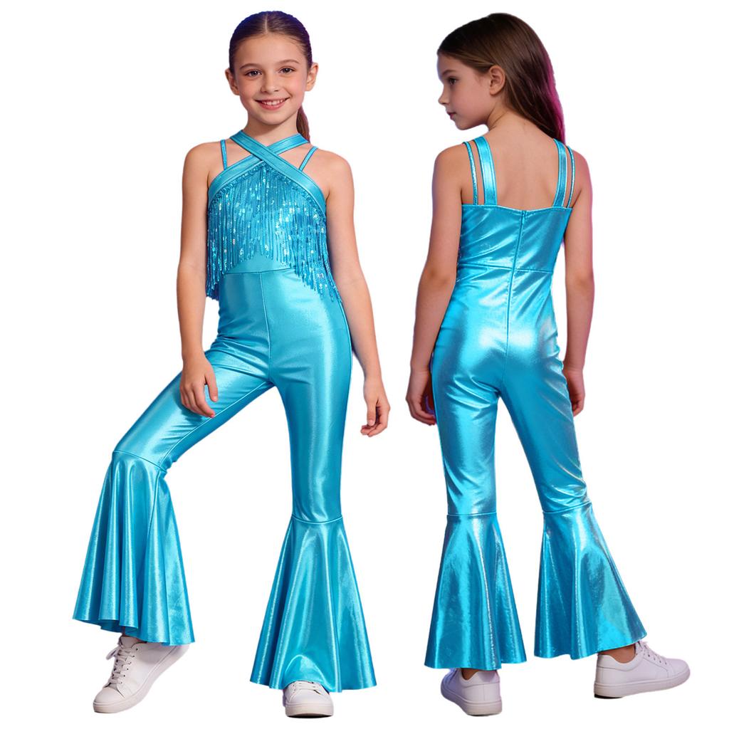 Kids Metallic Disco Dance Bodysuit: Sleeveless Sequins Tassels Jumpsuit with Back Invisible Zipper & Flared Pants