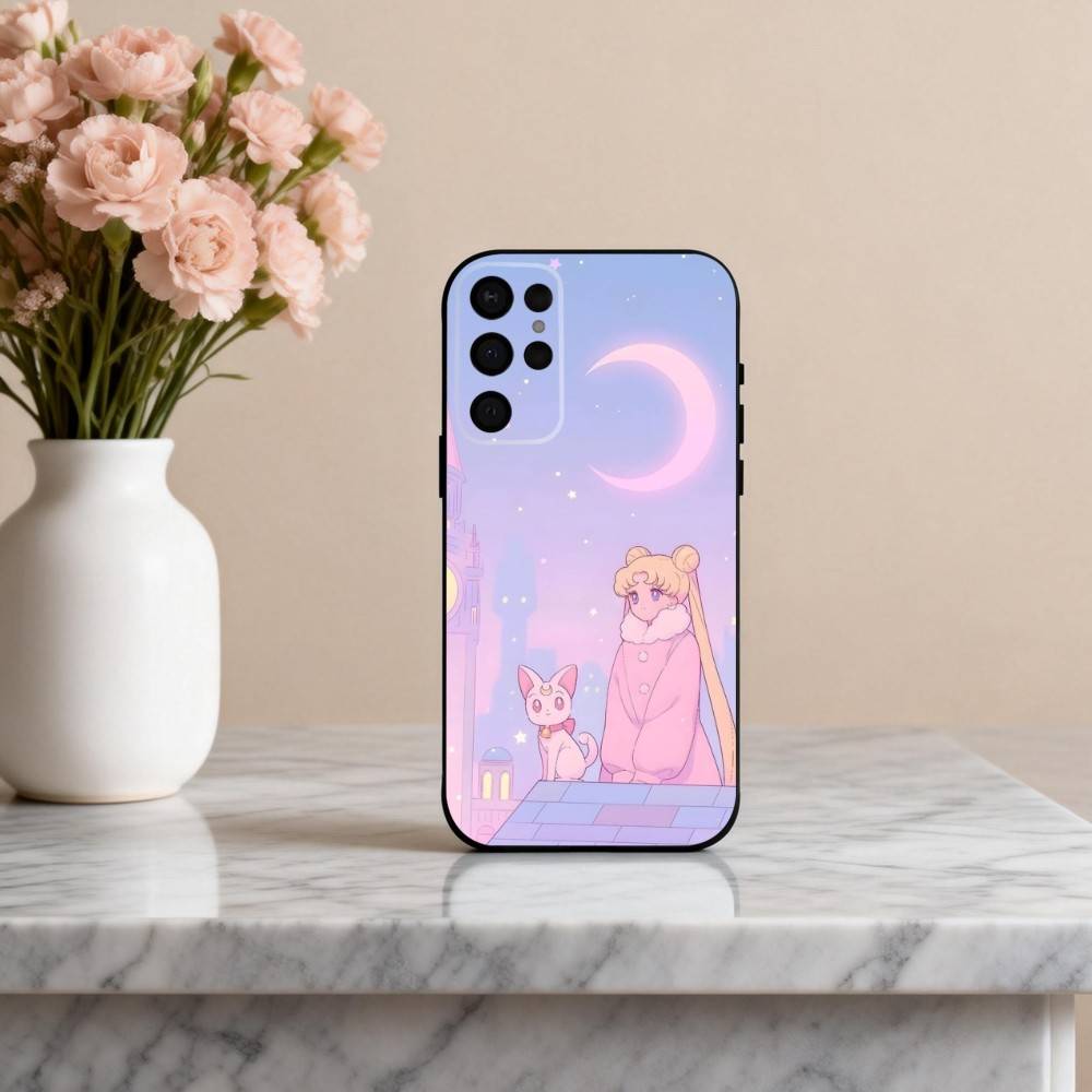 Блестящий Пастельный Чехол-Кейс S-Sailor M-Moons для Samsung S25,24,23,22,30,21,10,9,Ultra,Plus,Lite,FE,4,5 G Мягкий Черный Чехол