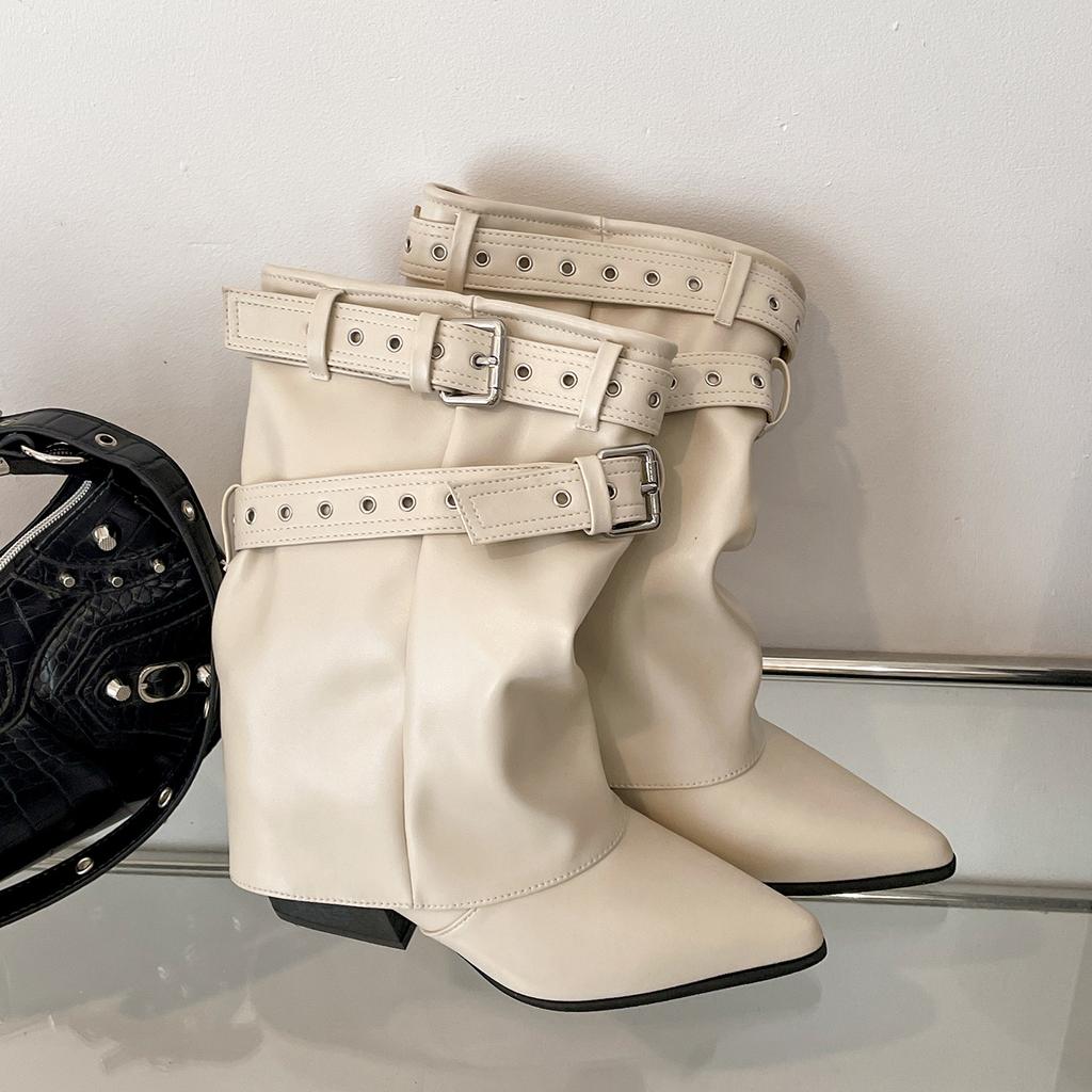 Белые ботильоны на толстом высоком каблуке с острым носком в британском стиле женские 2025 новая осень с юбкой увеличивающие рост и стройнящие сапоги-трубы