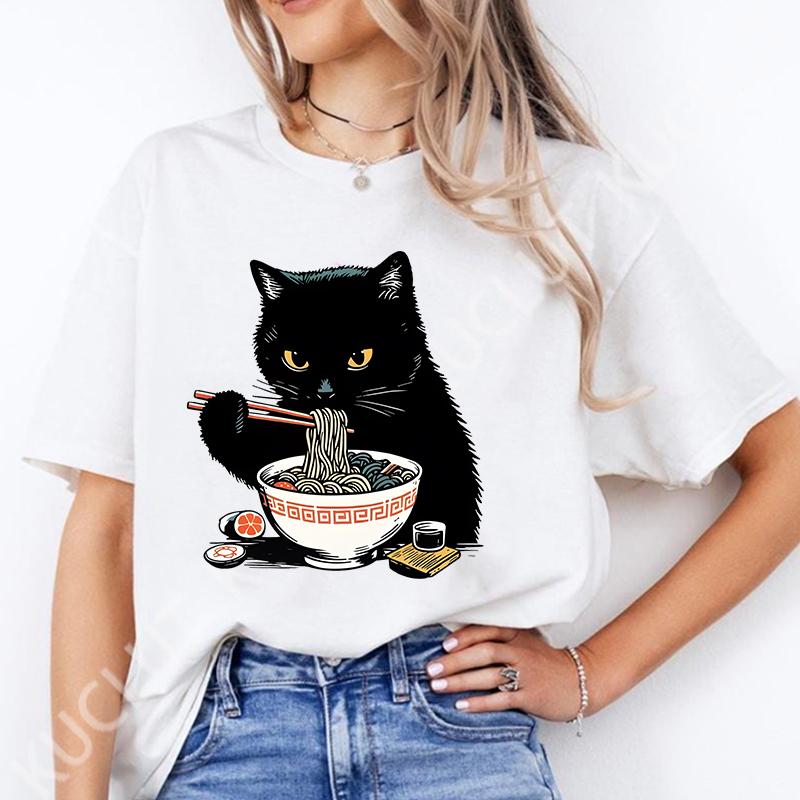 Noodle Cat Женские футболки Смешные Ramen Черная футболка с кошкой Женская одежда Обычные топы с коротким рукавом Женская мода Футболки с мультяшной графикой Женские