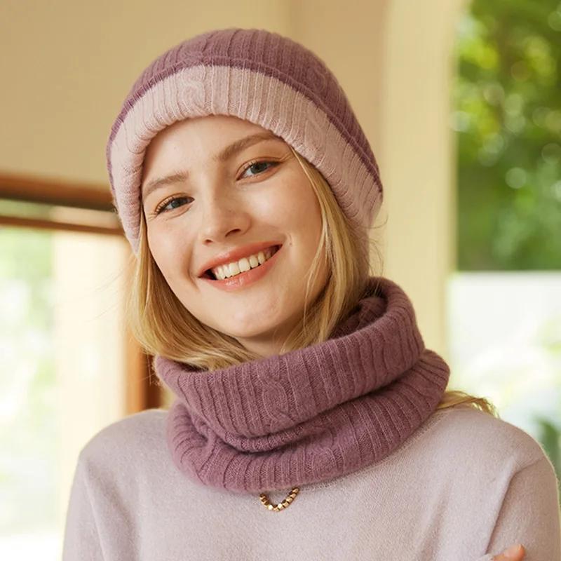 Women 100% Cashmere Tube Scarf Cable Knit Neck Warmer Ring Double Faced Thick Cap Reversible Knitted Beanies Winter 2-Pcs Set