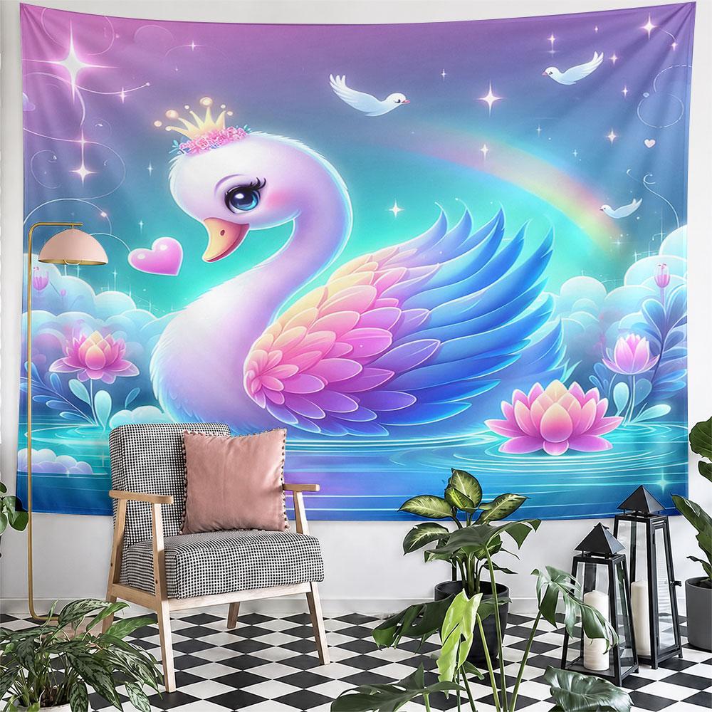 Elegant Swan with Rainbow Glow Pattern Wall Hanging Tapestry Decorative Tapestry Home Decor for Bedroom and Living Room