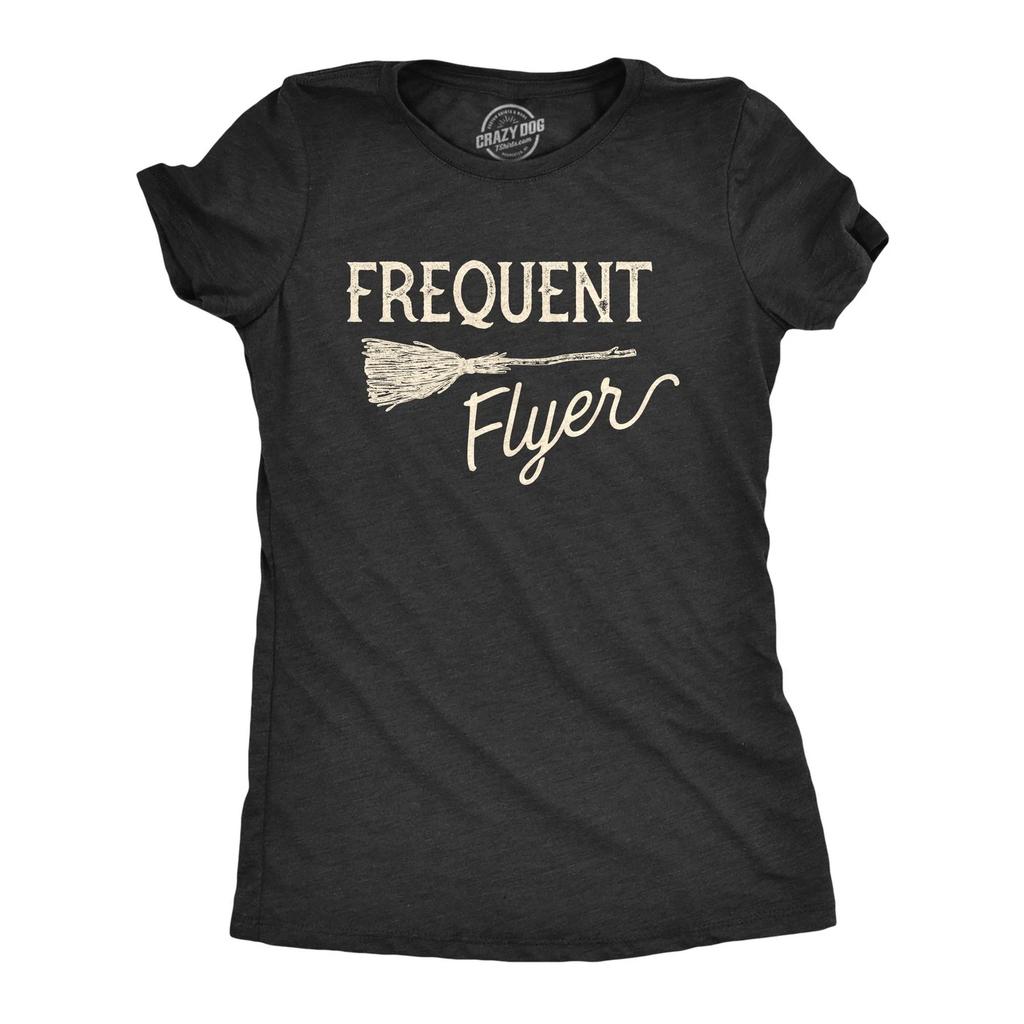Women's Frequent Flyer T-Shirt Funny Halloween Witch Broom Novelty T-Shirt