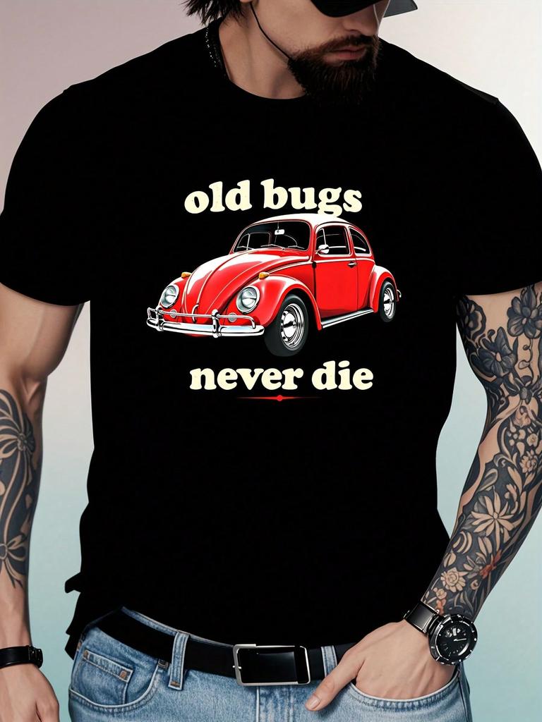 Мужская футболка Old Bugs Never Die с красно-белой графикой автомобиля, короткий рукав, круглый вырез, повседневная летняя одежда, черная хлопковая футболка
