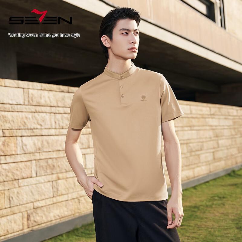 SEVEN Men's Linen Blend Stand-Collar Short Sleeve Polo Shirt
