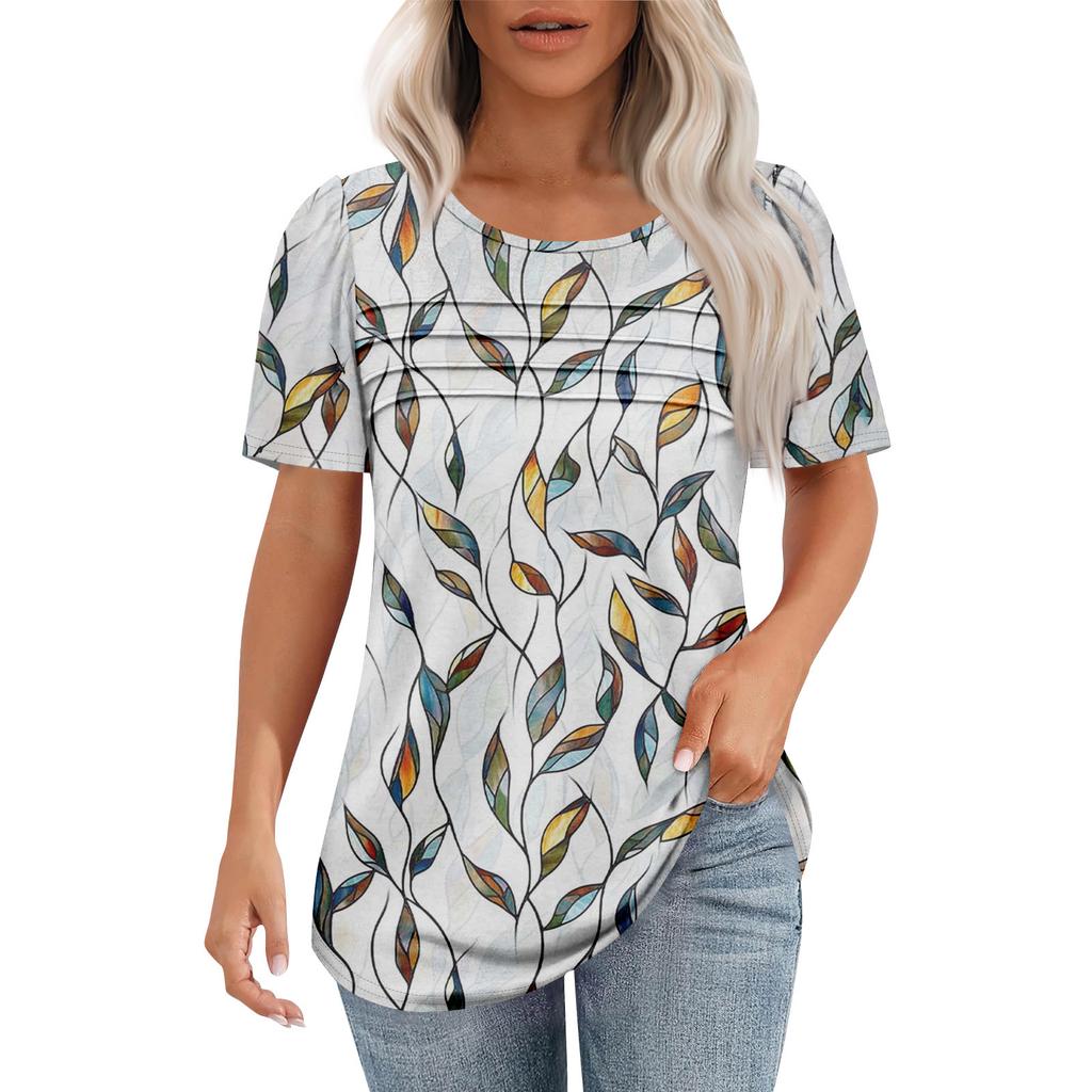 Женская модная рубашка с круглым вырезом и короткими рукавами в складку