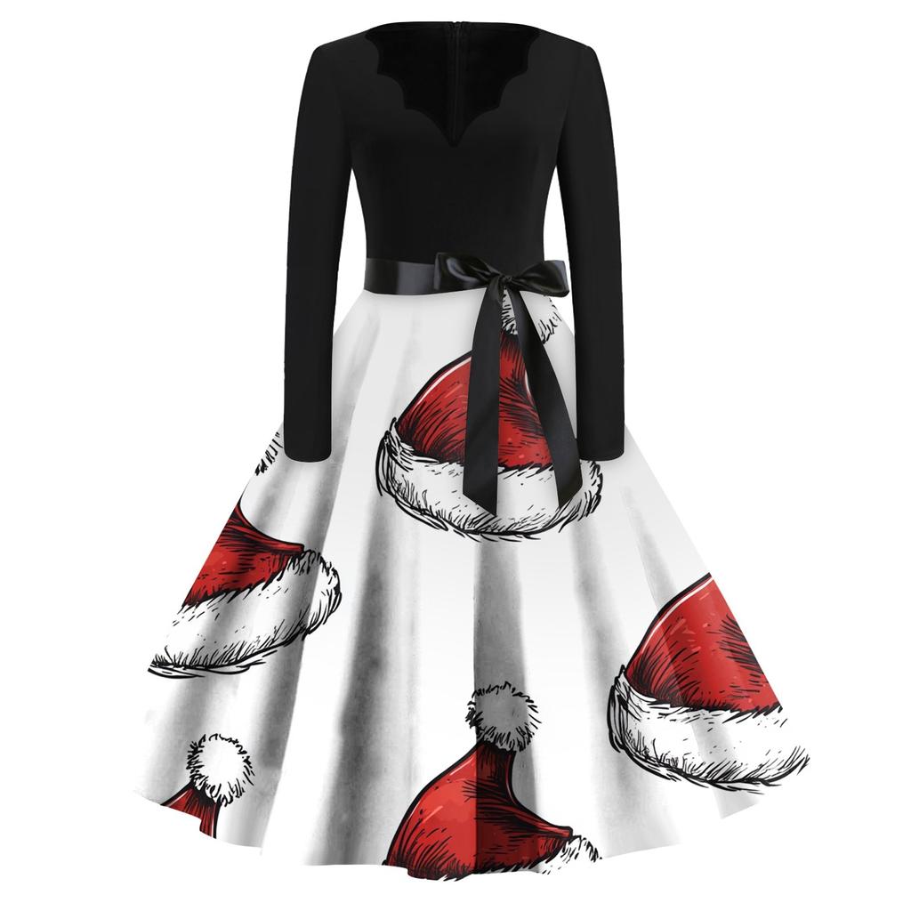 Женские модные повседневные тонкие рождественские платья с длинным рукавом с v-образным вырезом и принтом