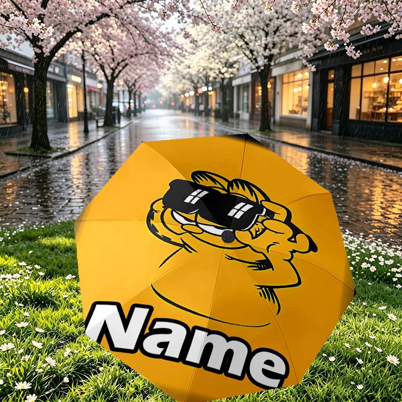 Custom Name Personalized Garfield Print Umbrella, Auto Open Close, 8‑Rib Sturdy Frame, Commute Camping Hiking Use, Birthday Gift